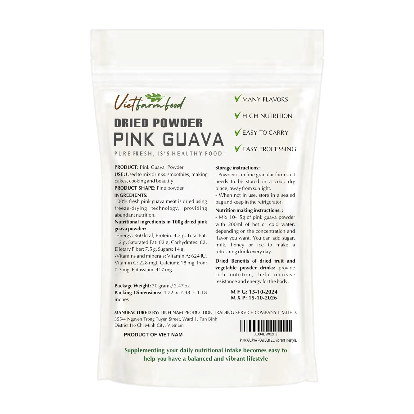 Pink Guava Powder 2.47 Oz (70G): Freeze-Dried Extracted From 100% Pure, Sugar-Free. Used To Mix Mixed Drinks Fresh Fruit Juice,