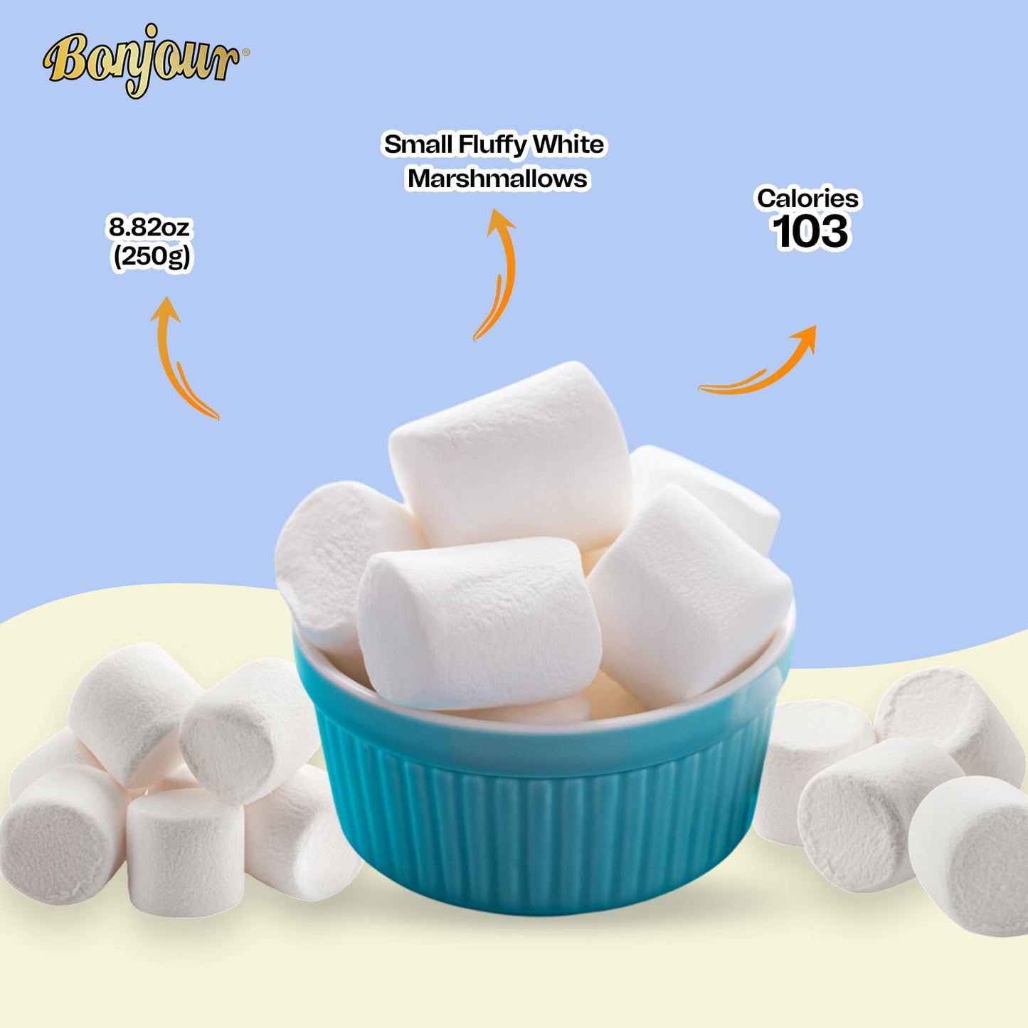 Bonjour Large Marshmallows - Vanilla Flavored, Halal Gelatin, Low Fat, Dye Free - 8.82 Oz (250 g)