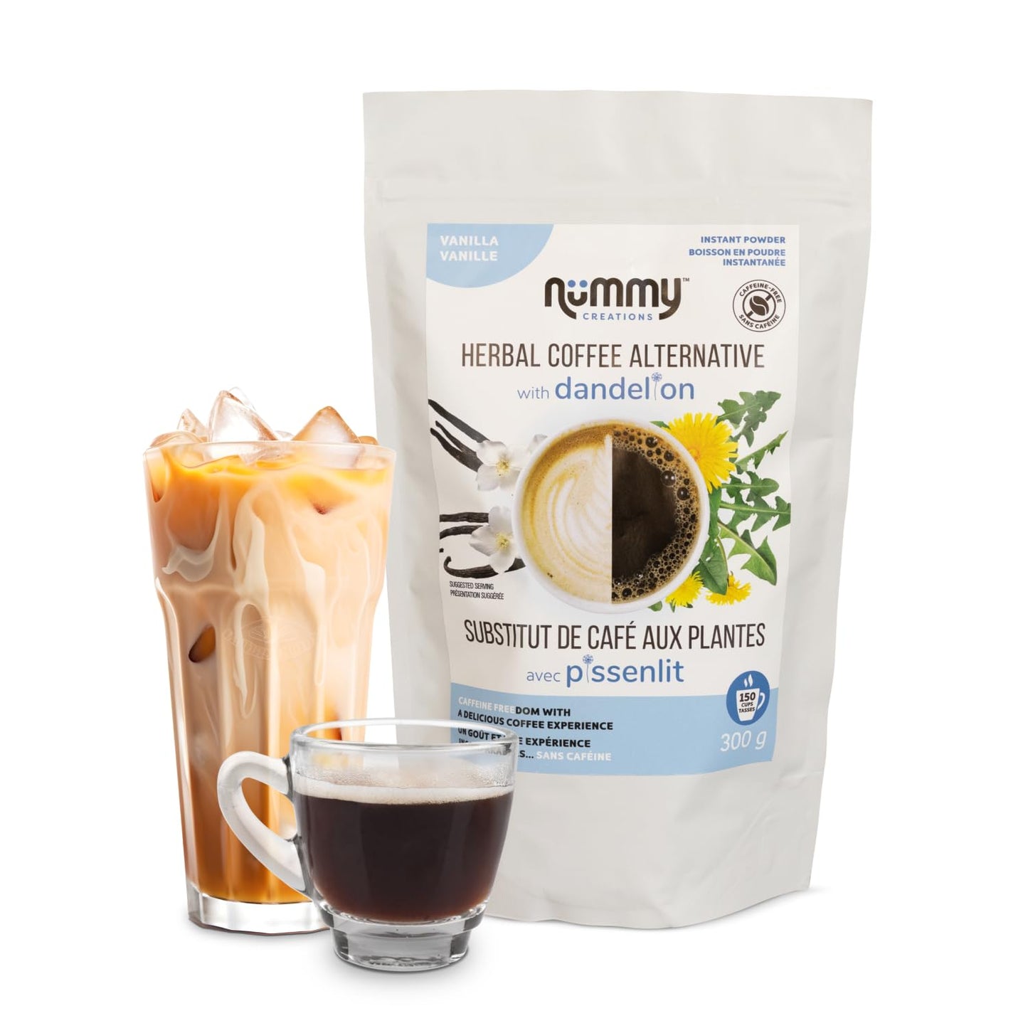 Nummy Creations Vanilla Instant Caffeine-Free Coffee Alternative, 10.6oz, Coffee Substitute with Dandelion and Chicory