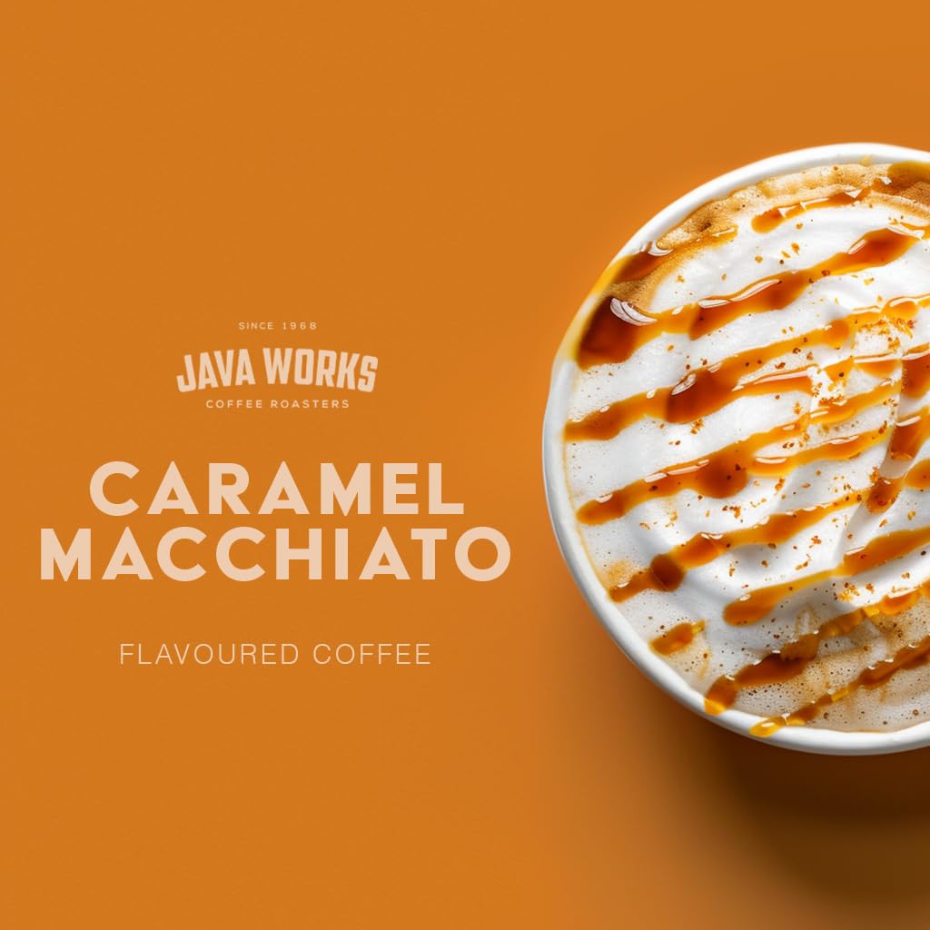 Java Works Coffee - Caramel Macchiato Flavored Coffee | 12 Ounces | Medium Roast | Whole Bean | No Sugar Added