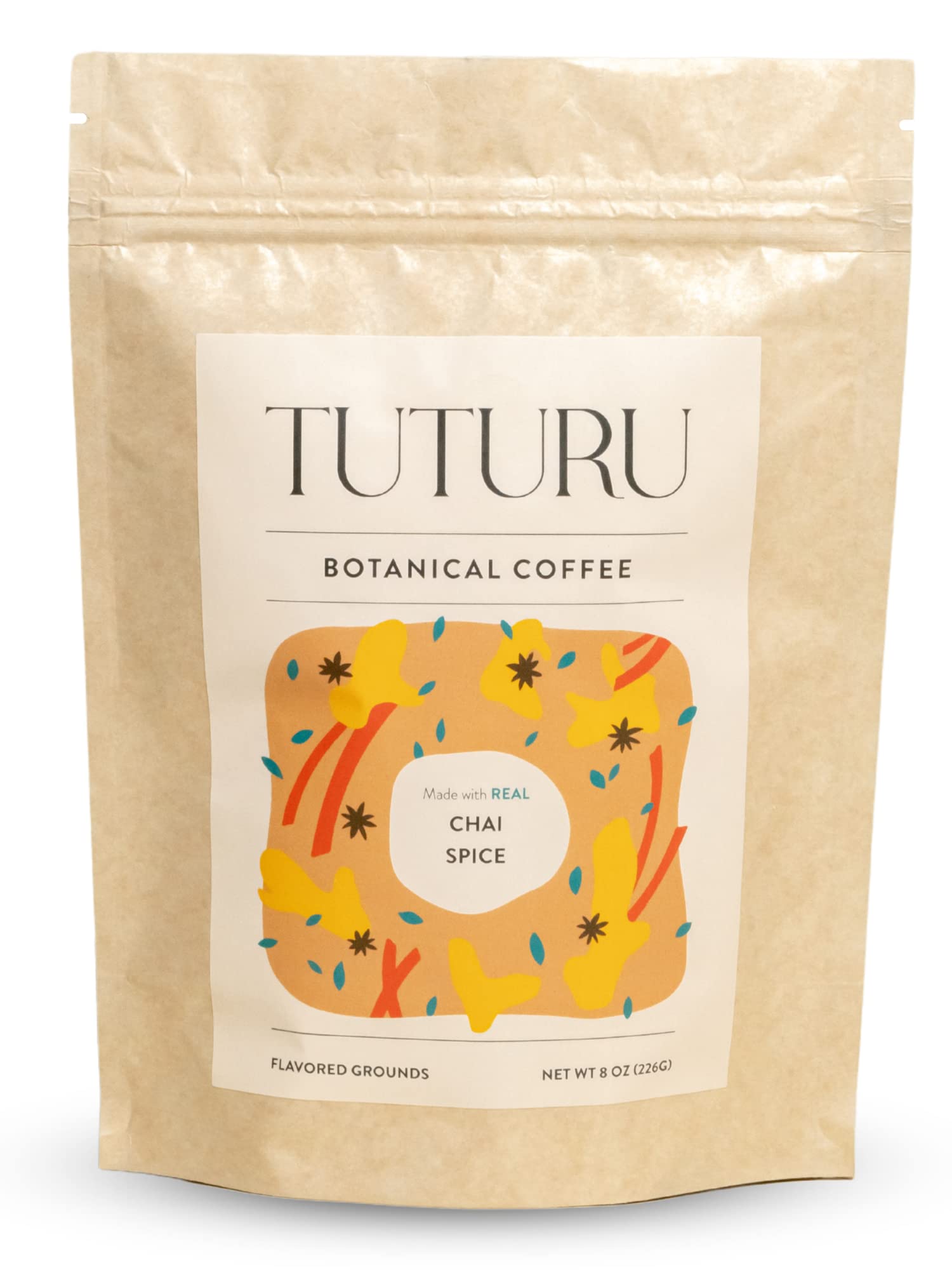 TUTURU Botanical Coffee Organic Dirty Chai Ground Coffee - Medium Roast - 8 oz, 22 Servings