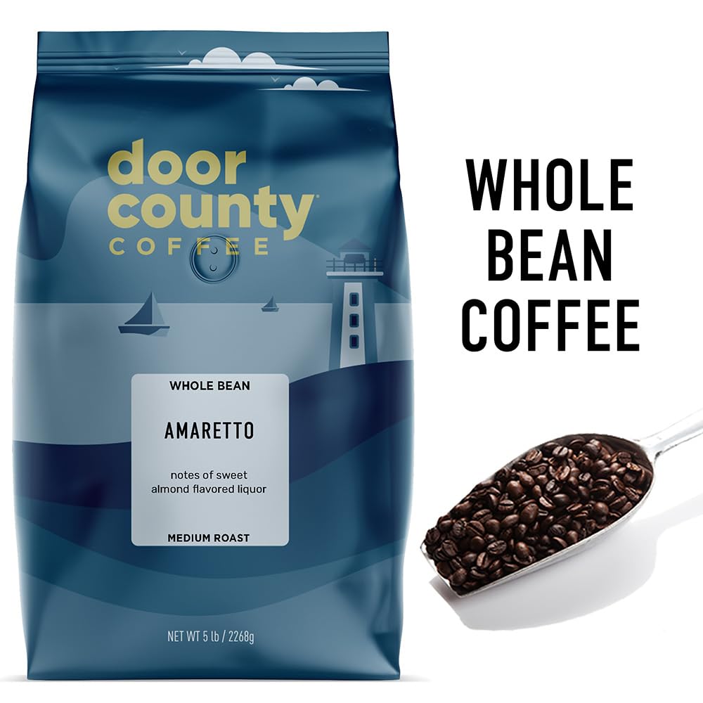 Door County Coffee Amaretto Flavored Whole Bean Coffee - Medium Roast - 5lb Bag - 100% Specialty Arabica