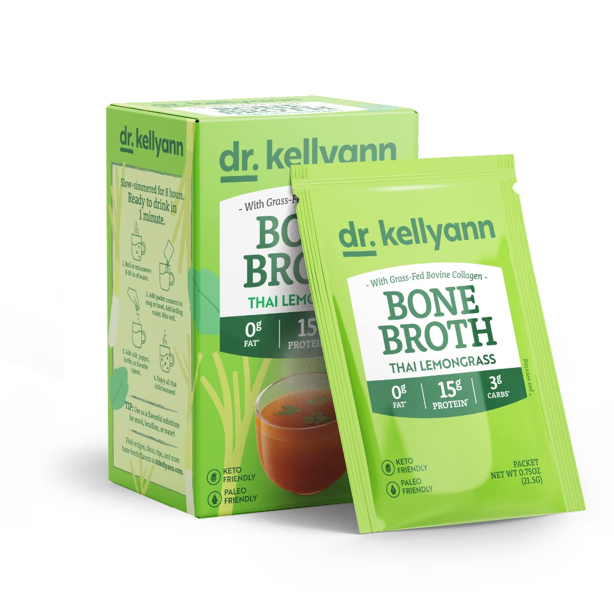Dr. Kellyann Thai Lemongrass Bone Broth Packets (7 Servings) - 16g Protein, Grass-Fed Hydrolyzed Collagen, Keto & Paleo-Friendly
