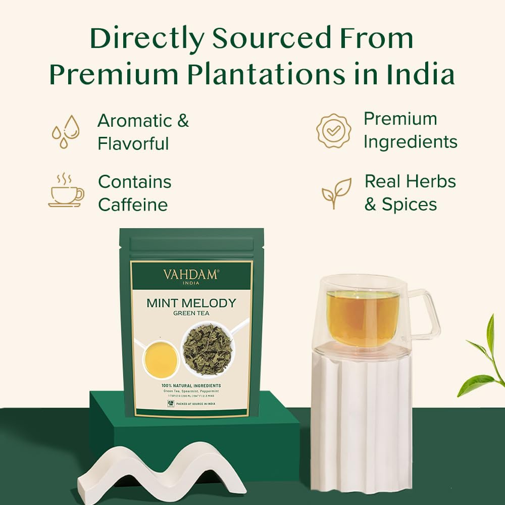 VAHDAM Mint Green Tea Loose Leaf, Cool Peppermint, 3.5 oz, Light Green, Low Caffeine, Vacuum Sealed for Freshness