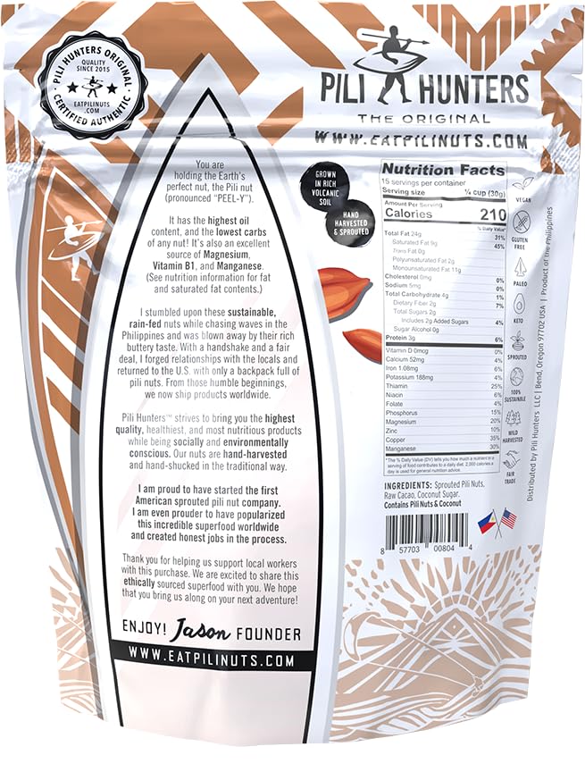 Pili Hunters Raw Cacao Pili Nuts - Vegan Keto Snack - Gluten Free - 16 oz Bag
