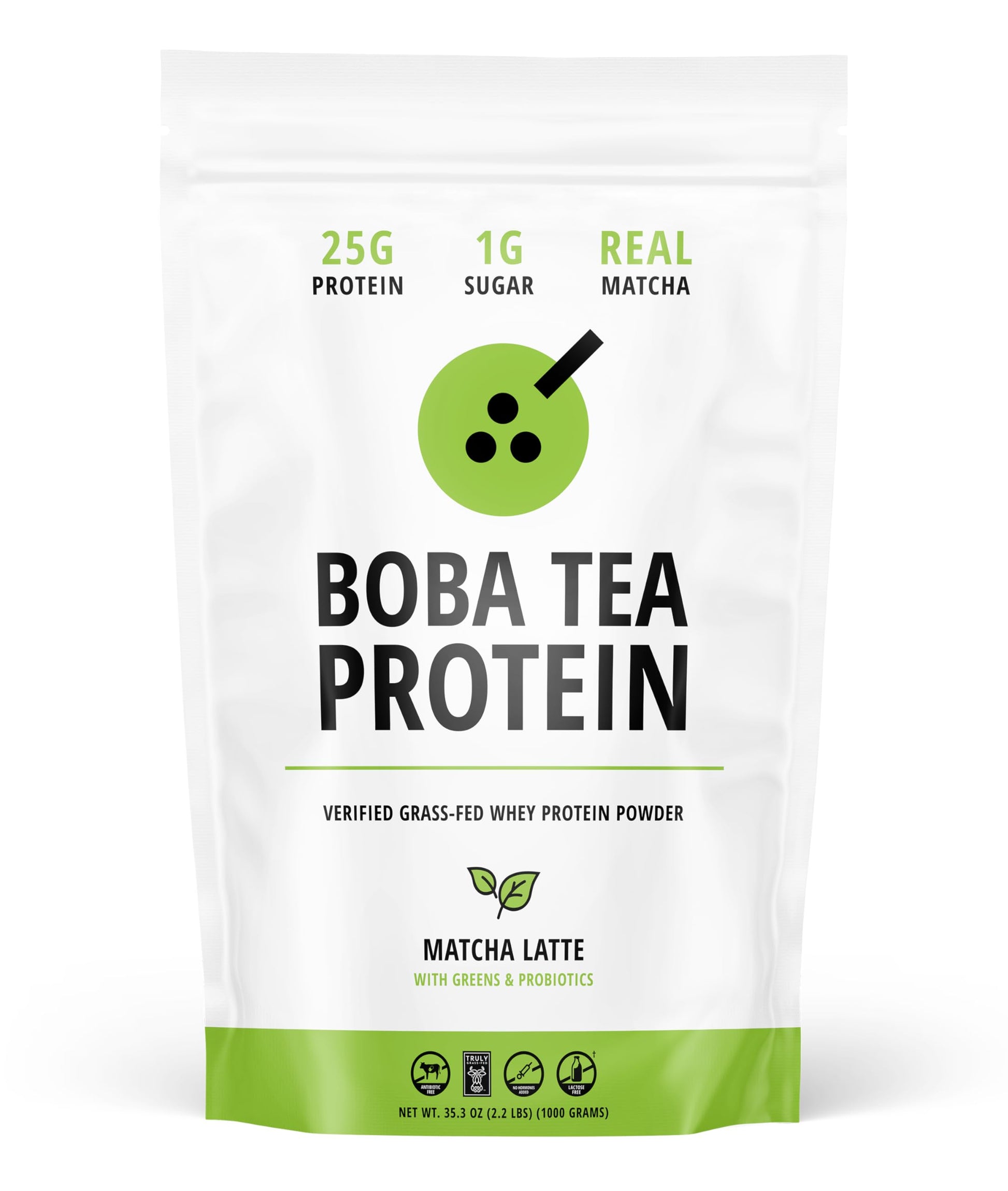 Boba Tea Protein Matcha Latte | 25G Grass-Fed Whey Protein Isolate Powder | Gluten-Free & Soy-Free Bubble Tea Protein Drink | Real Ingredients & Lactose-Free Protein Drink | 19 Servings