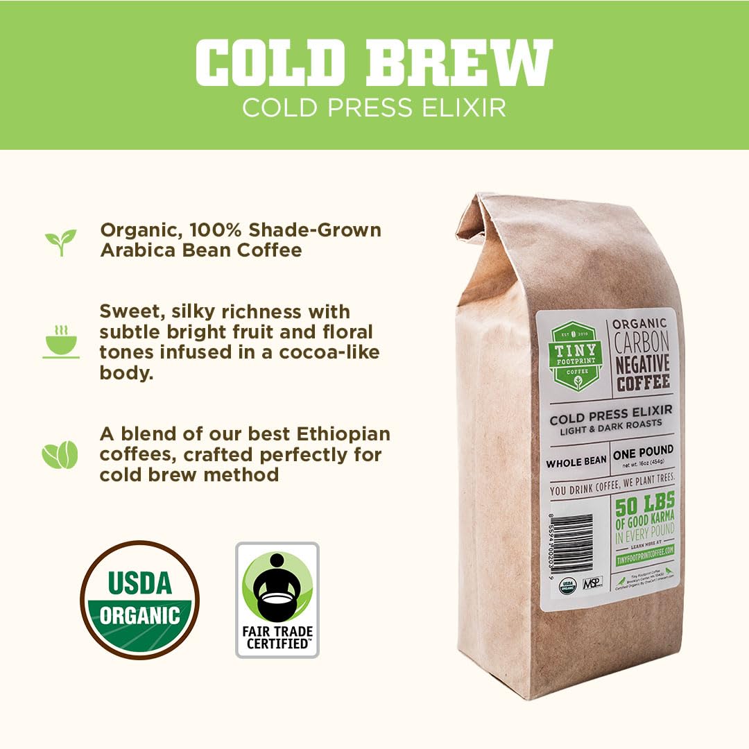 Tiny Footprint Coffee - Organic Cold Brew Cold Press Elixir | Blend of Light & Dark Roasts Whole Bean Coffee | Shade-Grown, Fair