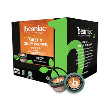 Beaniac Sweet N' Saucy Caramel, Flavored Light Roast, Single Serve Compostable K Cup Coffee Pods, Organic Arabica Coffee With Na