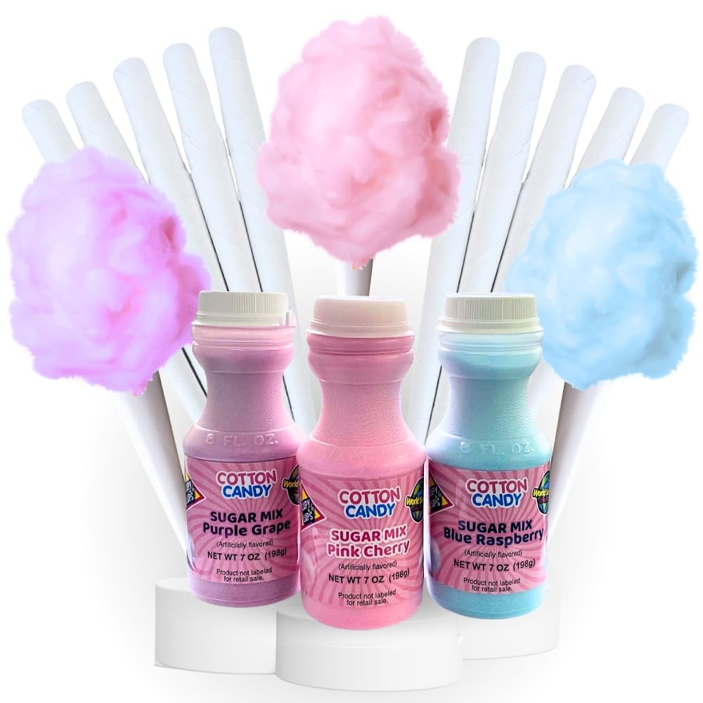 Lupy Lups! Sugar Mix Kit Floss Sugar w -3 Plastics Jars of 7 oz Blue Raspberry  Purple G & Pink Cherry- 25 Paper Cones- Create Fluffy Cotton Candy - Cotton Candy also floats atop beverages!