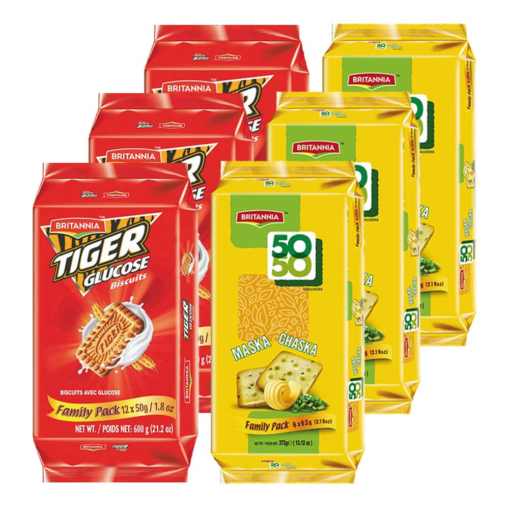 Britannia Crackers 50 50 Maska Chaska Biscuit 13.12oz (372g) & Tiger Glucose Biscuits Family Pack 21.2oz (600g) - 3 Each (Pack o