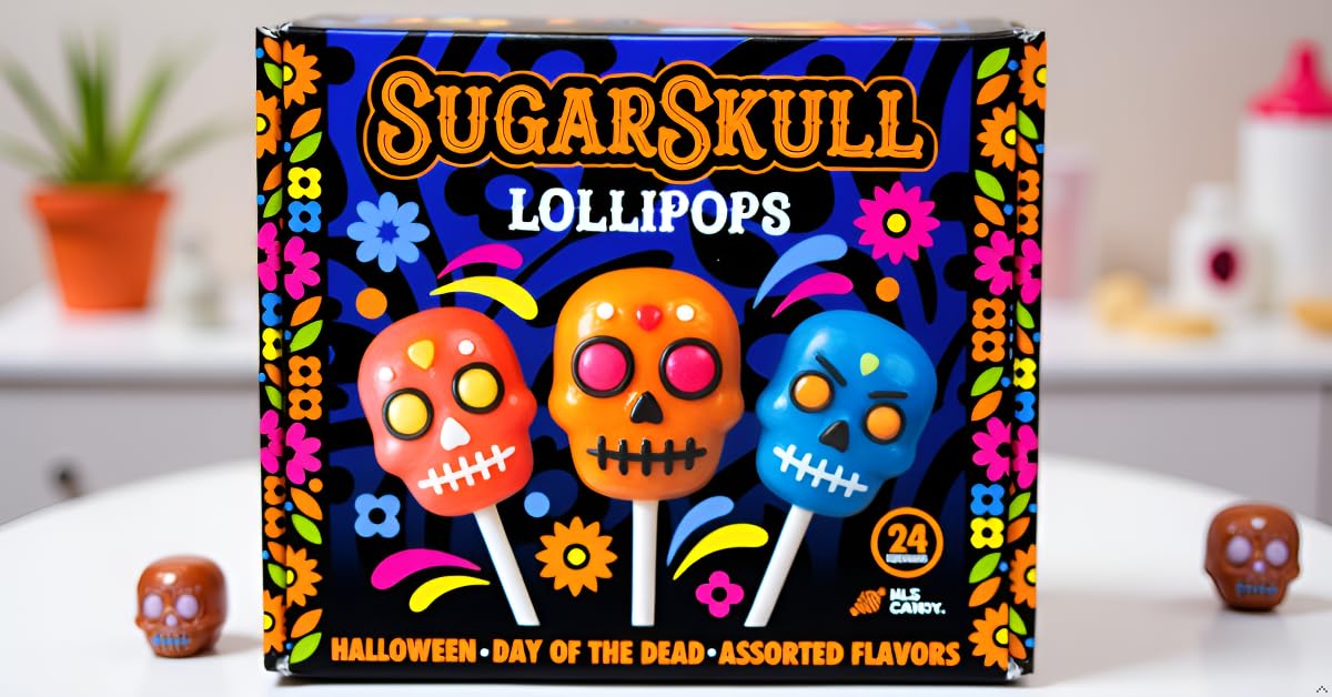 Halloween Sugar Skull Lollipops Candy, 24 Pack, Dia De Los Muertos, Strawberry, Orange, and Blue Raspberry Suckers