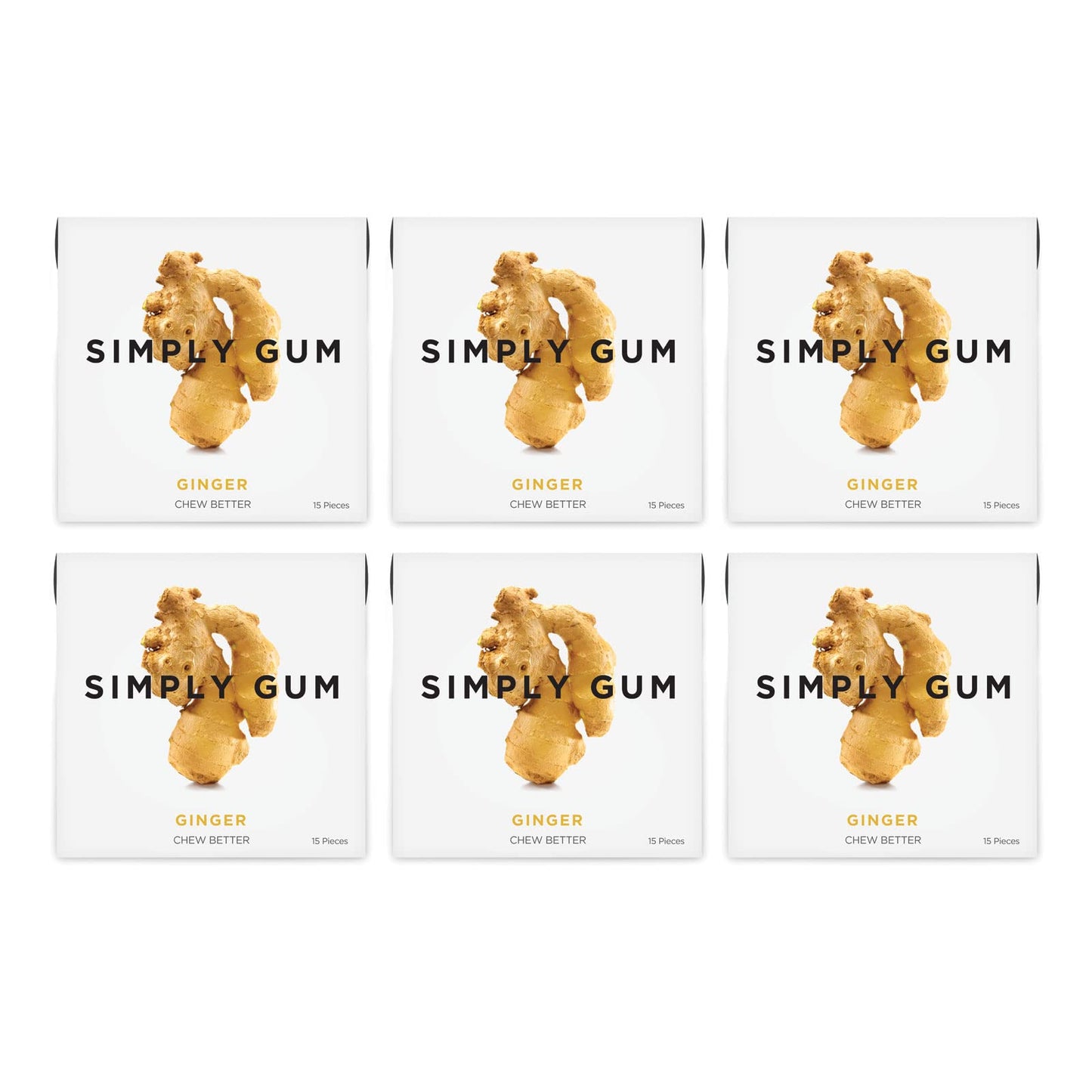 SIMPLY Gum Ginger, Plastic-Free Natural Chewing Gum, Made with real Ginger, 6 Pack (90 Pieces) | Vegan, Kosher, Non GMO, Asparta