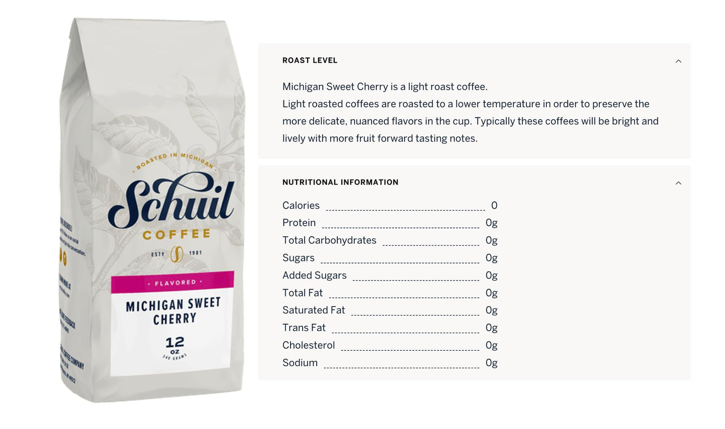 SCHUIL Whole Bean Coffee, Premium Roasted Artisan Coffee, Smooth & Full Bodied, 12 oz Bag, Michigan Sweet Cherry