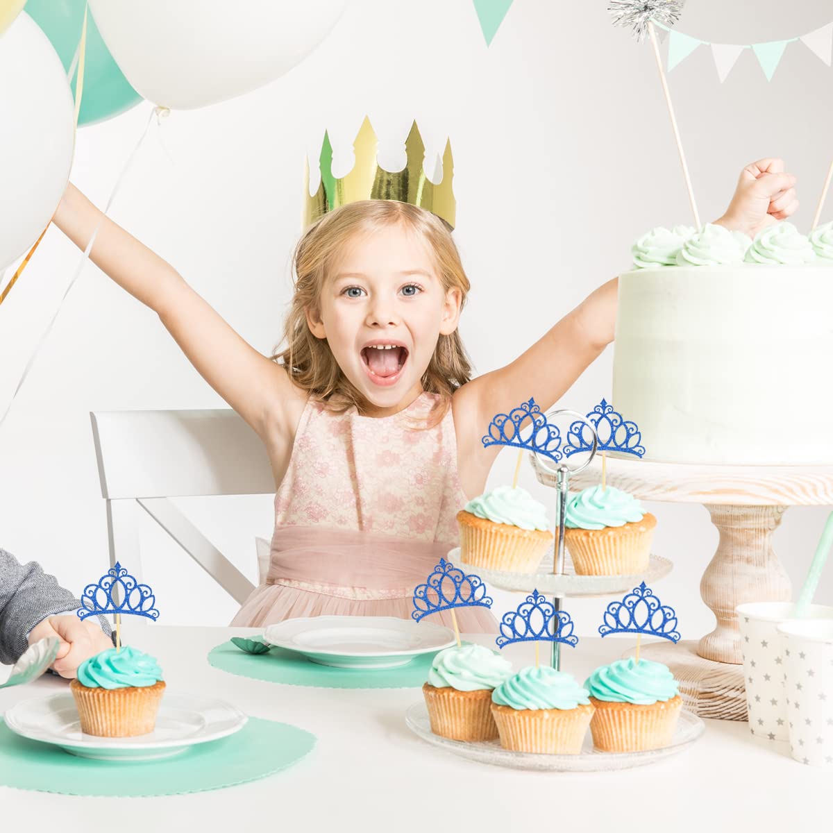 Donoter 24 Pieces Blue Princess Crown Cupcake Toppers Cake Picks For Birthday Baby Shower Party Decorations