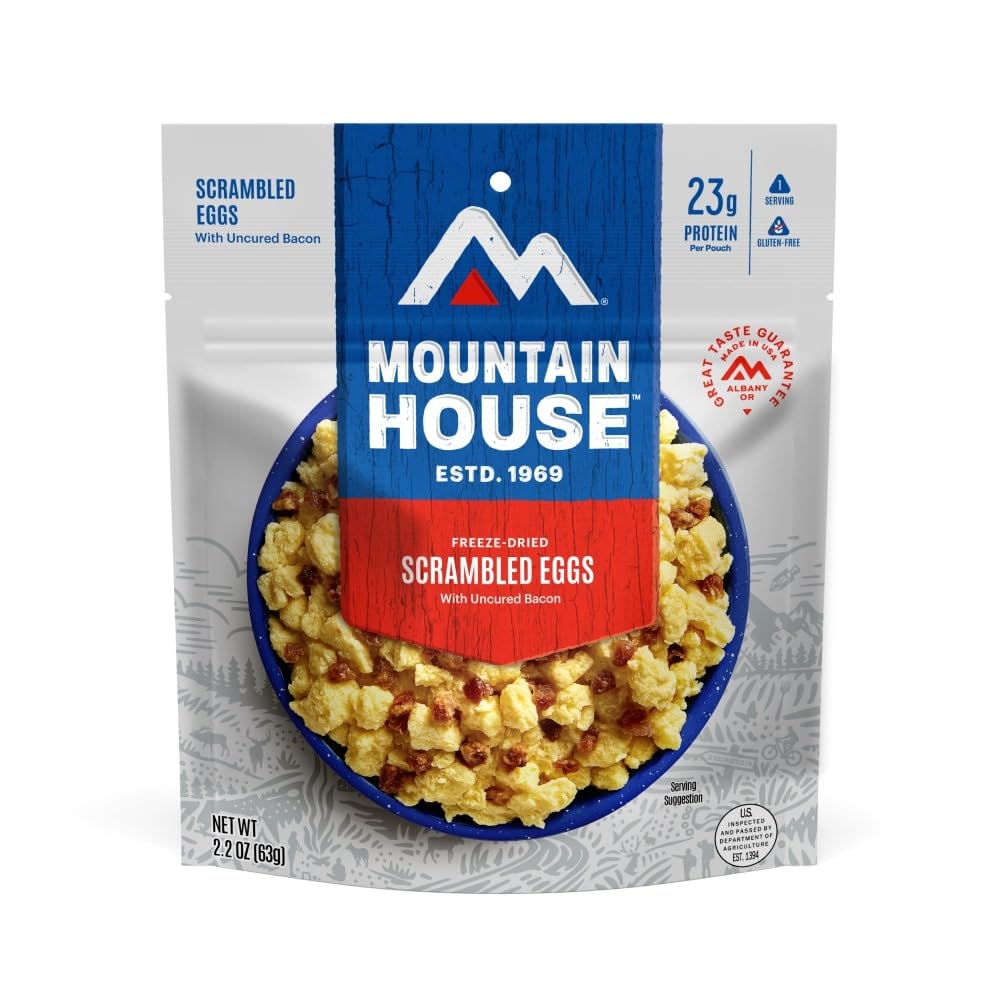 Mountain House Scrambled Eggs With Uncured Bacon | Freeze Dried Backpacking & Camping Food | 1 Serving | Gluten-Free