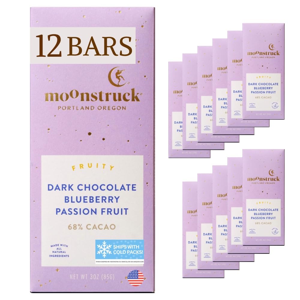 Moonstruck Chocolate Blueberry and Passion Fruit Dark Chocolate Bar, 68% Cacao, 3.0oz (Pack of 12)