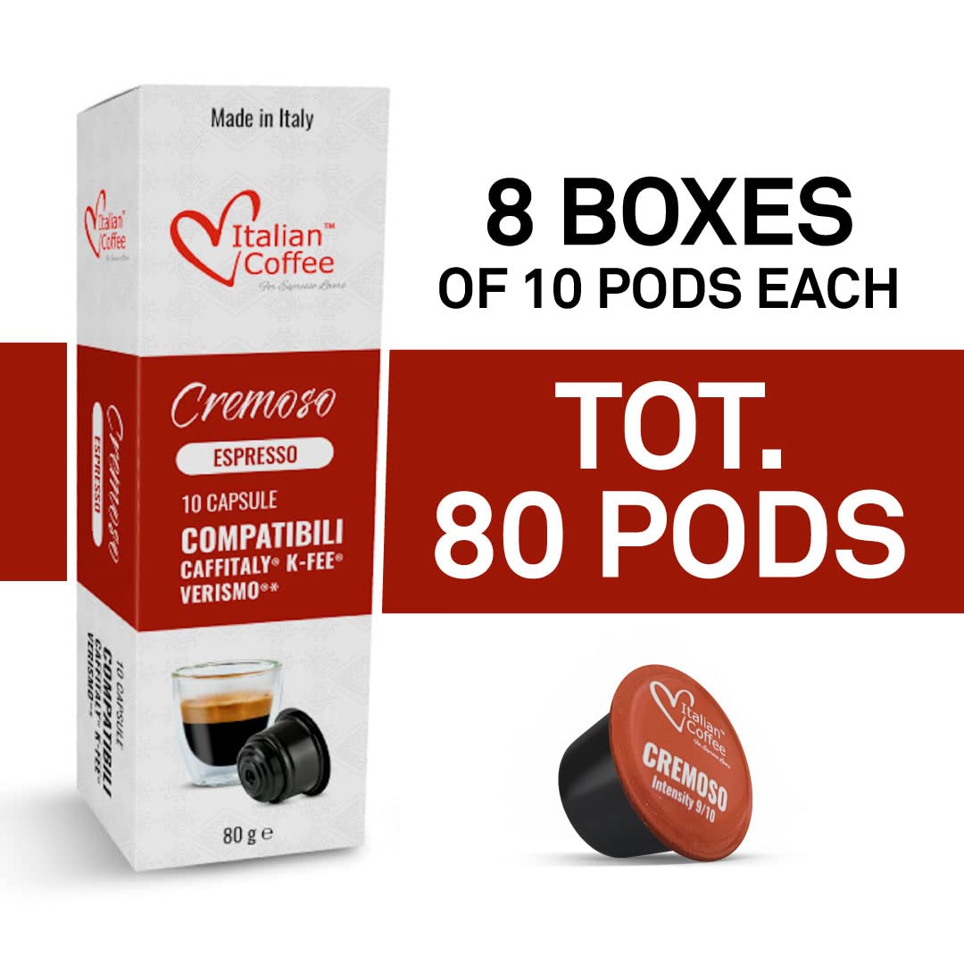 ITALIAN COFFEE FOR ESPRESSO LOVERS Coffee compact pieces, Compatible with Verismo & K-fee Systems, 80 Pods, CREMOSO Blend