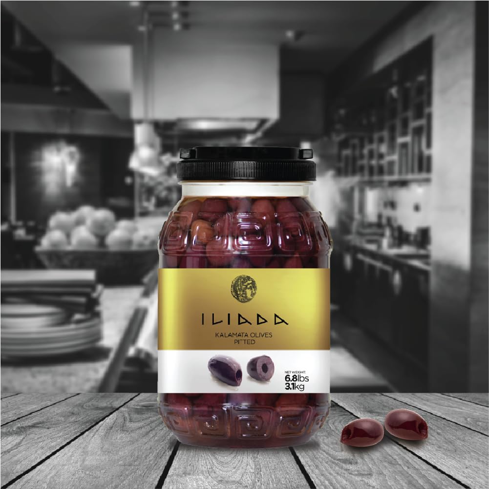 Iliada Kalamata Pitted Olives, Net Wt 6.8 Lbs | Dr Wt 3.5 Lbs - 100% Hand-Picked & Traceable - Authentic Greek Olives In Brine