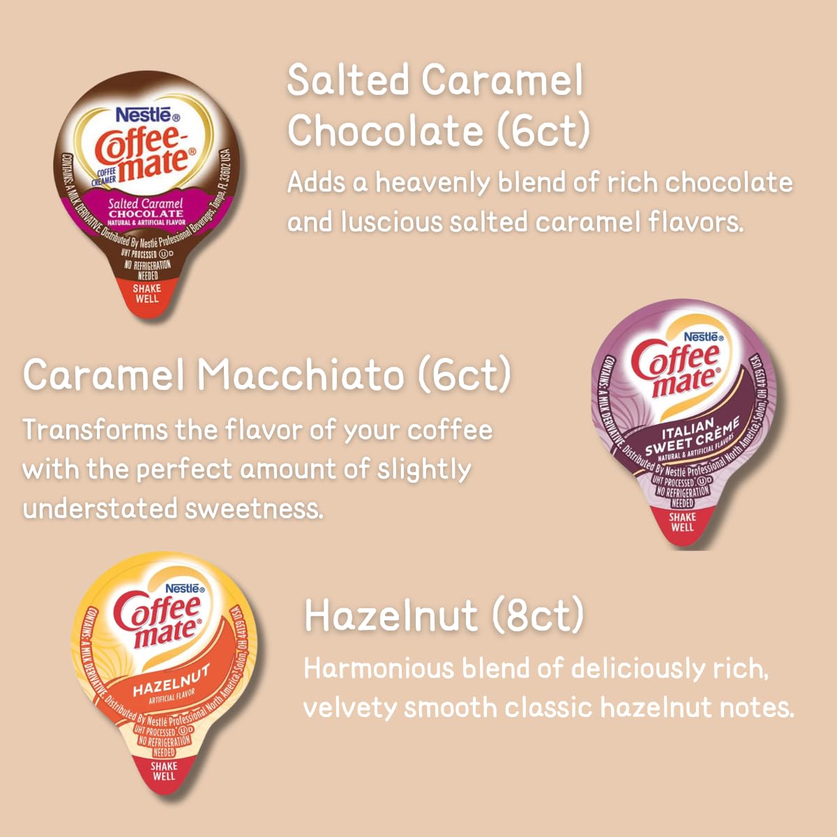 Coffee Creamer Single Serve Variety Pack (54Ct/ 9 Different Flavor) Irish Creme, Cafe Mocha, Chocolate, Peppermint, Pumpkin Spic