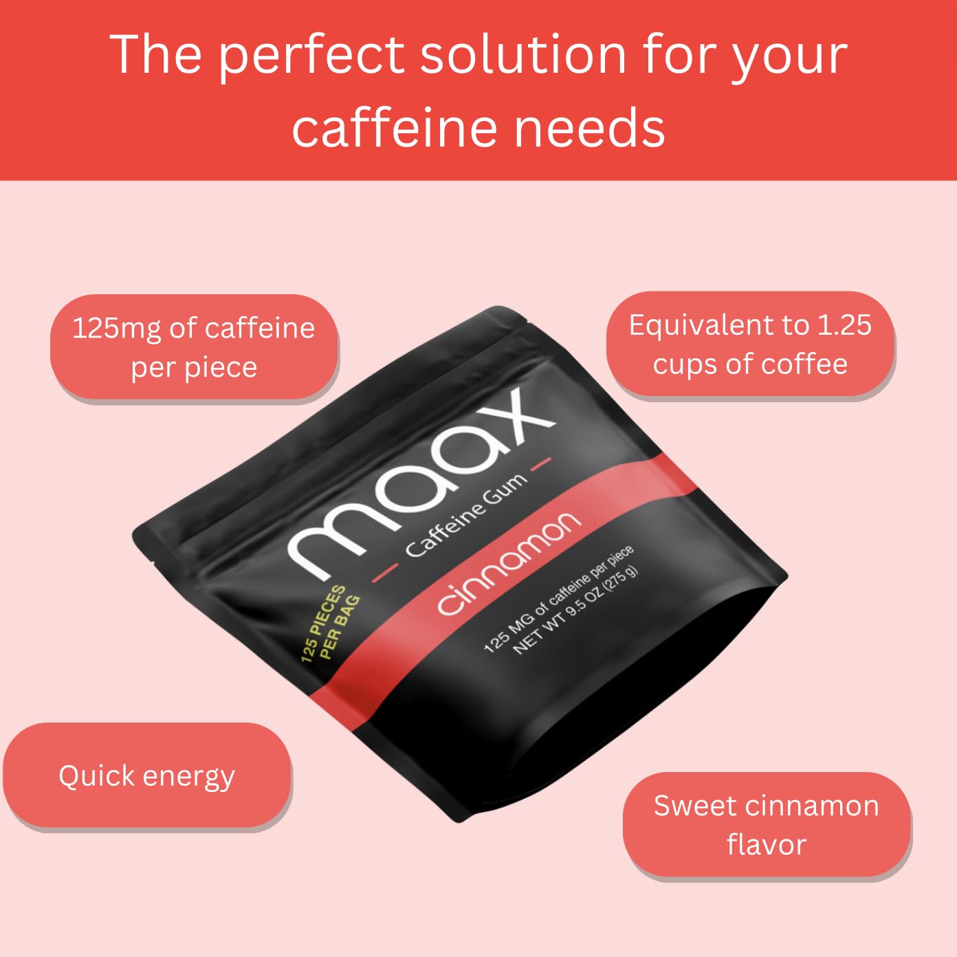 Maax Caffeine Energy Gum | Cinnamon Flavor | 125mg Caffeine per Piece | 125 Total Pieces | 25 Count (Pack of 5)