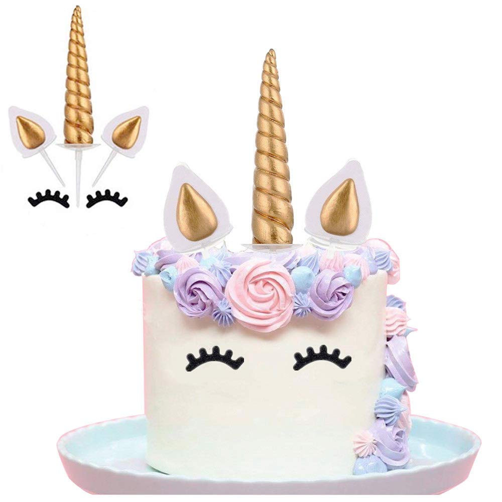 Yashell Topper, Reusable Gold Horn,Ears And Eyelashes Cake Value Set For Unicorn Party Decoration For Baby Shower,Weddin