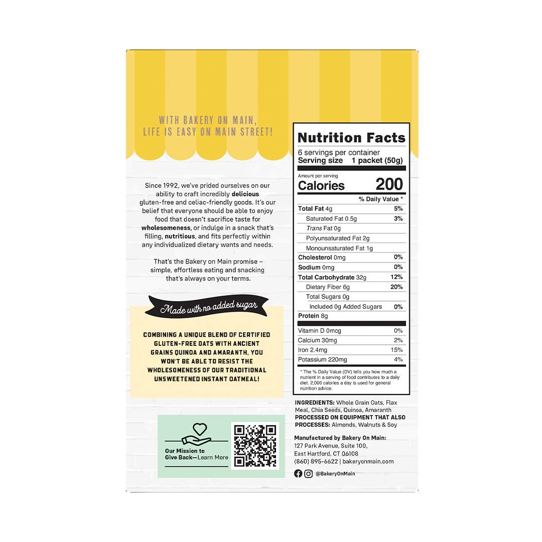 Bakery On Main, Gluten-Free Instant Oatmeal, Vegan & Non GMO - Unsweetened, 10.5oz (Pack of 1)