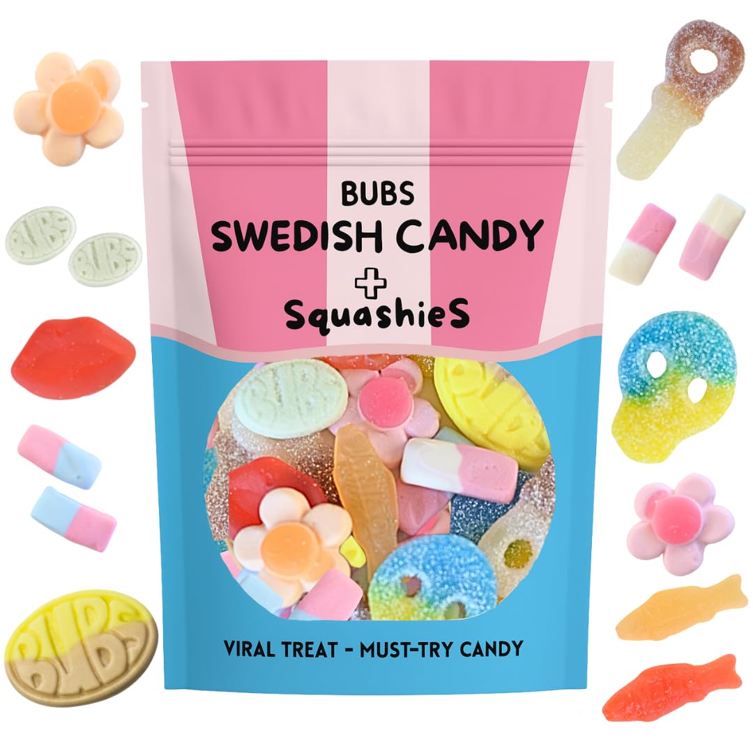 Swedish Candy Mix with UKs Famous Squashies - 1.2 lbs Bulk Bag of Viral Sweets Including Bubs Candy - Fun Assortment for Parties  Gifts & Candy Lovers  also includes the original Swedish Fish and Skulls