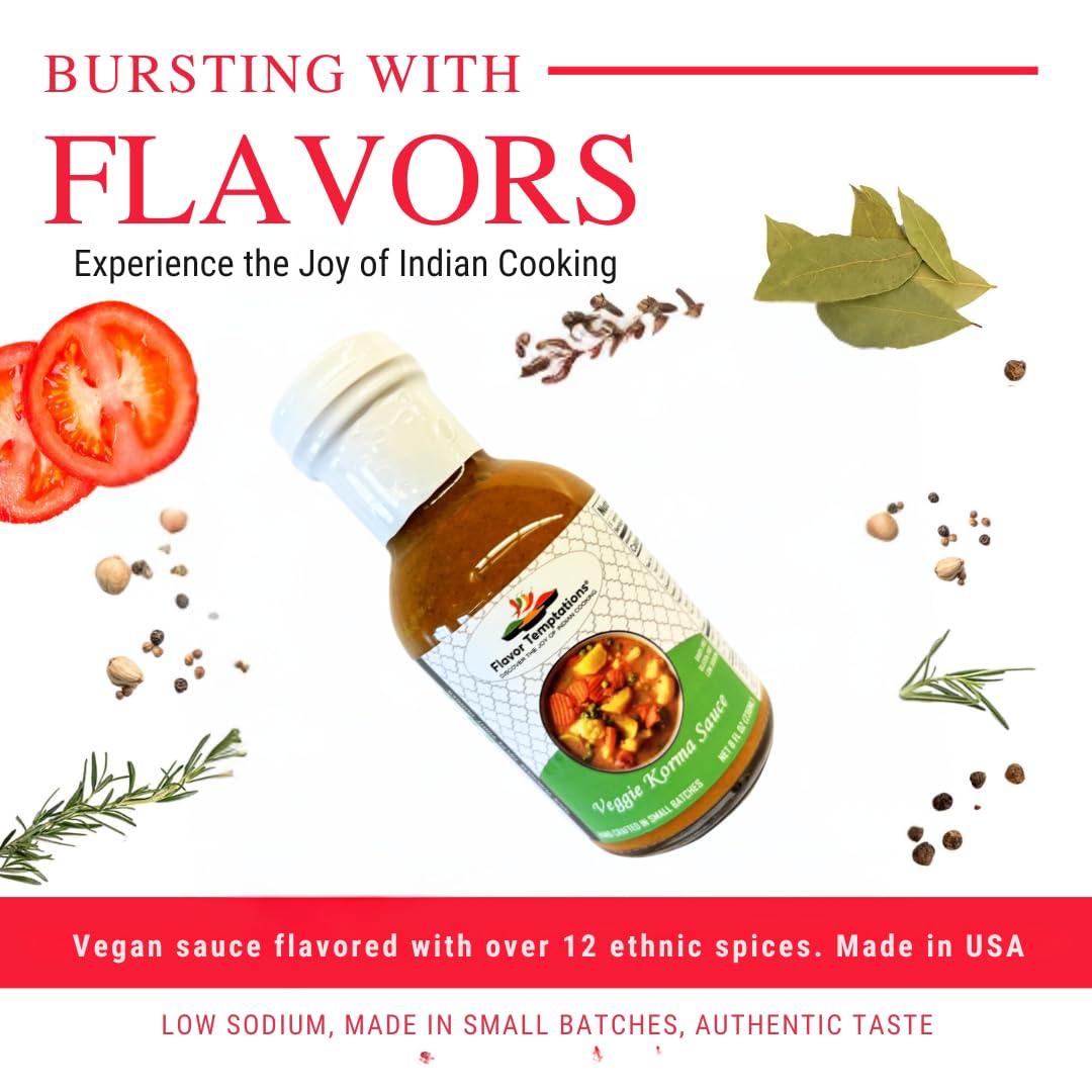 Veggie Korma Indian Curry Simmer Sauce Pack By Flavor Temptations | Organic Spices, Vegan, Gluten-Free, Low Sodium (8 Fl Oz Glas
