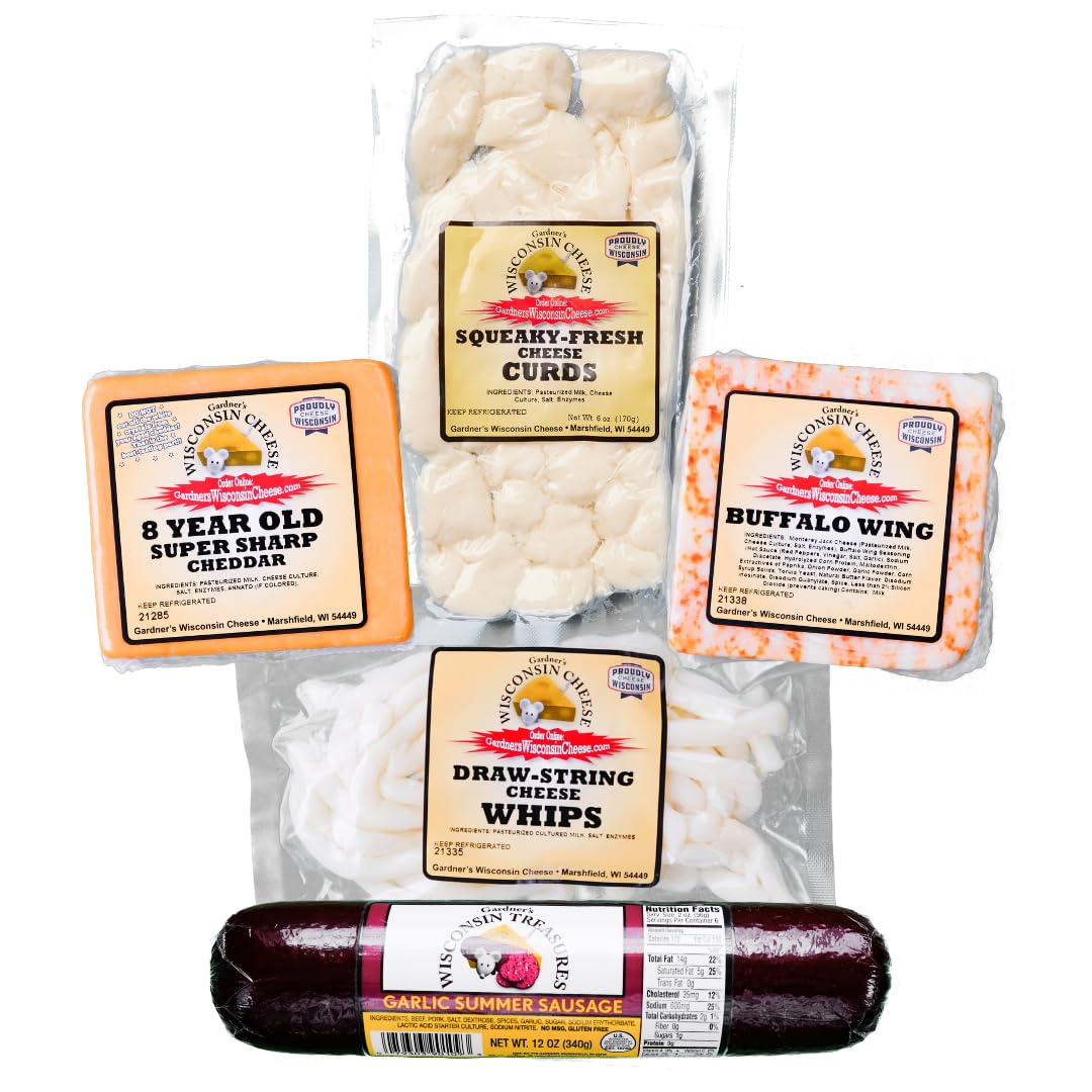 Gardners Wisconsin Cheese and Sausage, Wisconsin Cheese and Sausage Sampler - Contains; Buffalo Wing Cheese, 8 Year Super Sharp