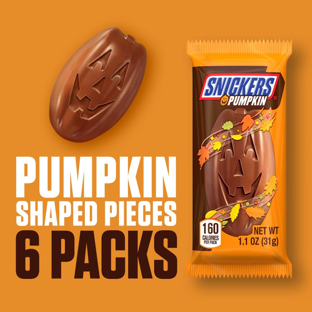 Snickers Pumpkins Milk Chocolate Halloween Candy Bar, 6 Pack, 1.1 Oz Each, Perfect for Trick or Treat and Halloween Party Favors