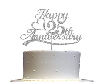 25Th Anniversary Cake Topper Silver Glitter, 25 Wedding Anniversary Party Decoration Ideas, Premium Quality, Sturdy Doubled Side