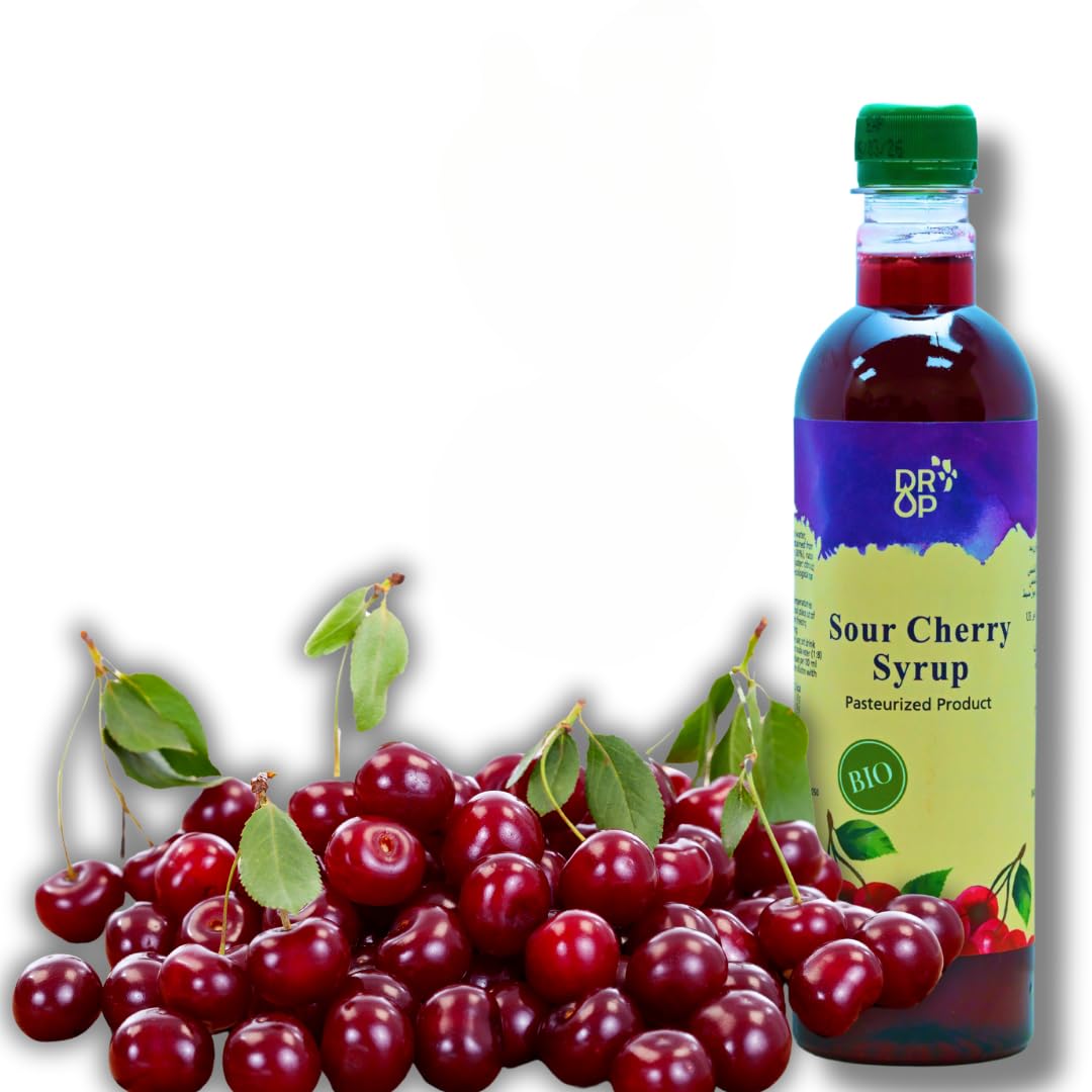 DROP Pure Organic Sour Cherry Flavor Bio Syrup-16.9oz (500ml), Natural 30% Concentrate Fruit Syrups,Great For Cocktails,Bevarage