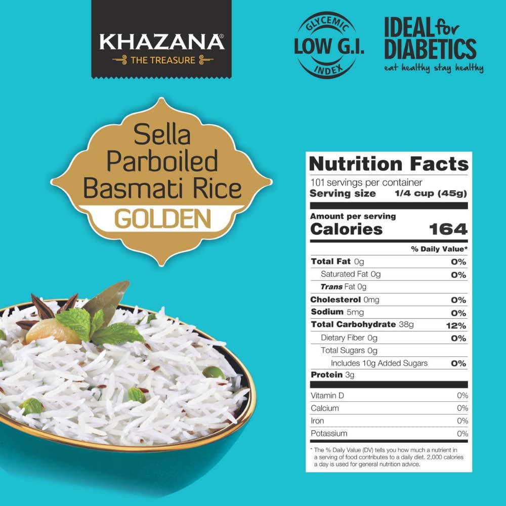 Khazana Authentic Golden Sella Parboiled Basmati Rice - 10Lb Resealable Ziploc Bag | Non-Gmo, Gluten-Free, Kosher, Cholesterol F