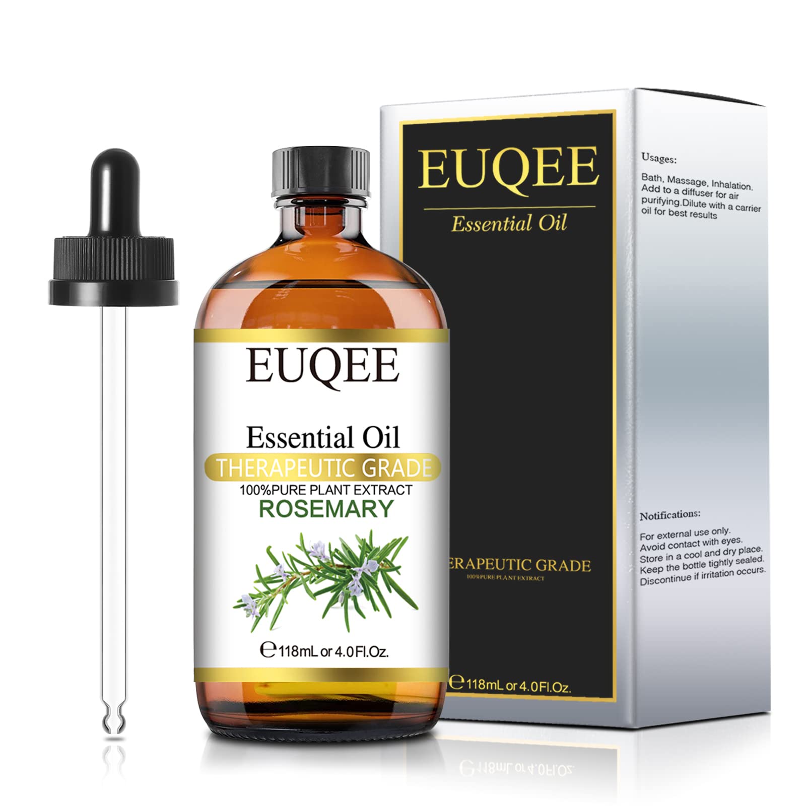 Euqee Rosemary Essential Oil 118Ml Pure & Natural Rosemary Oil With Glass Dropper For Skin, Aromatherapy, Diffuser, Soap & Candl