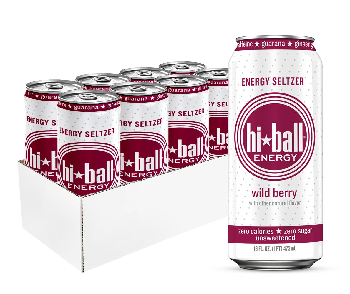 Hiball Clean Energy Drink - Wild Berry - Zero Sugar, 16 Fl Oz (8-Pack) - 160mg Organic Caffeine, 50mg Ginseng, 50mg Guarana