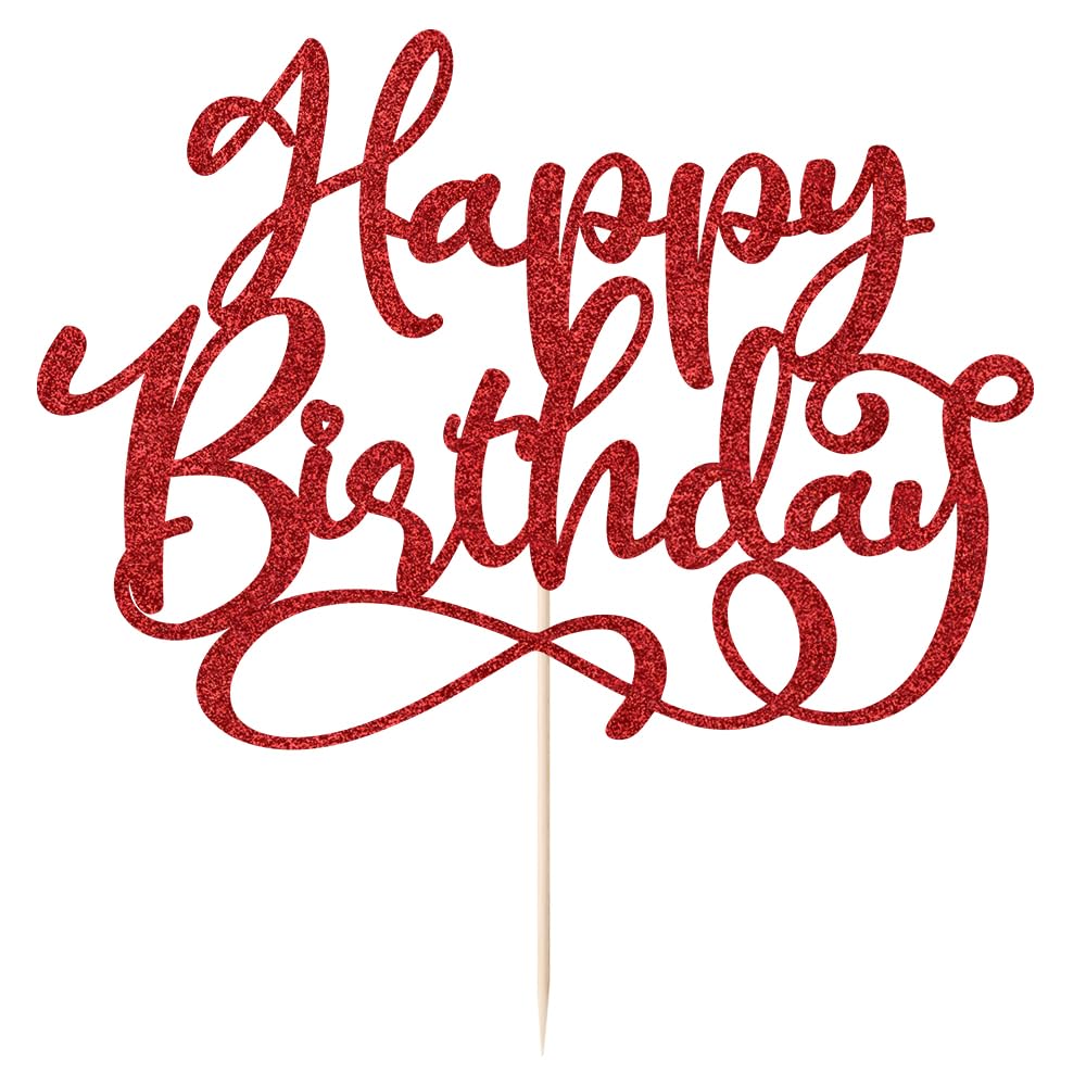 Yetxel Gold Glitter Happy Birthday Cake Topper, 7x8 inches, Red Paper Decoration for Party and Anniversary