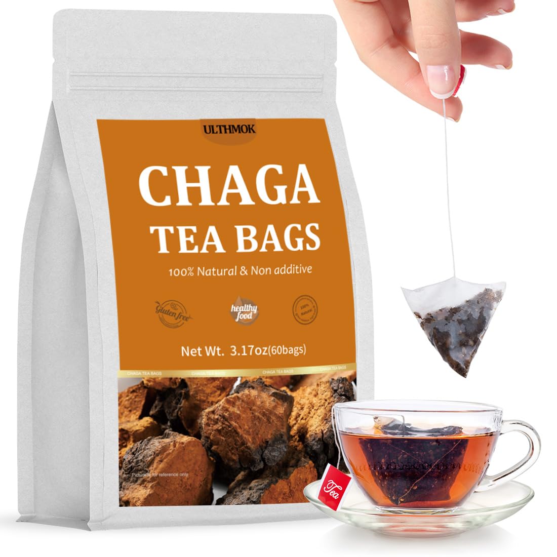 ULTHMOK Chaga Tea Bags, 100% Pure Siberian Wild Harvest, Caffeine Free, 60 Count