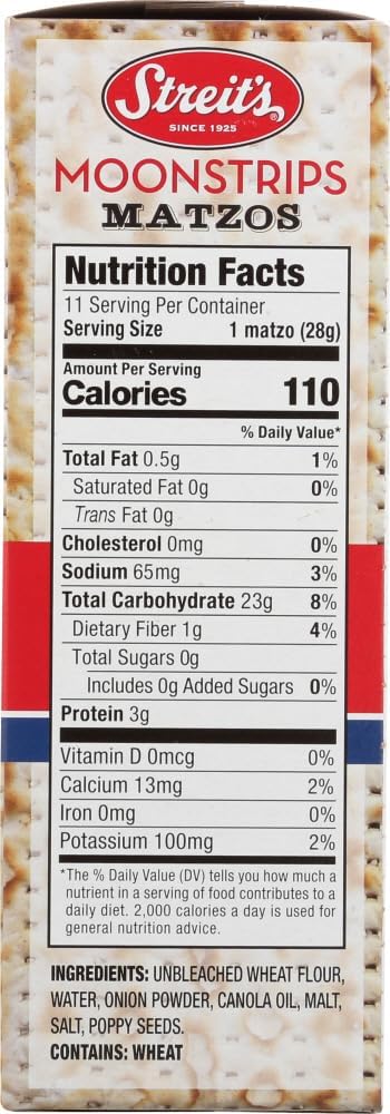 Streits Moonstrips Onion & Poppy Matzo - Thin & Crispy, Non-GMO, Low Sodium, Low Fat, Vegan, Family Owned, Kosher Certified (11