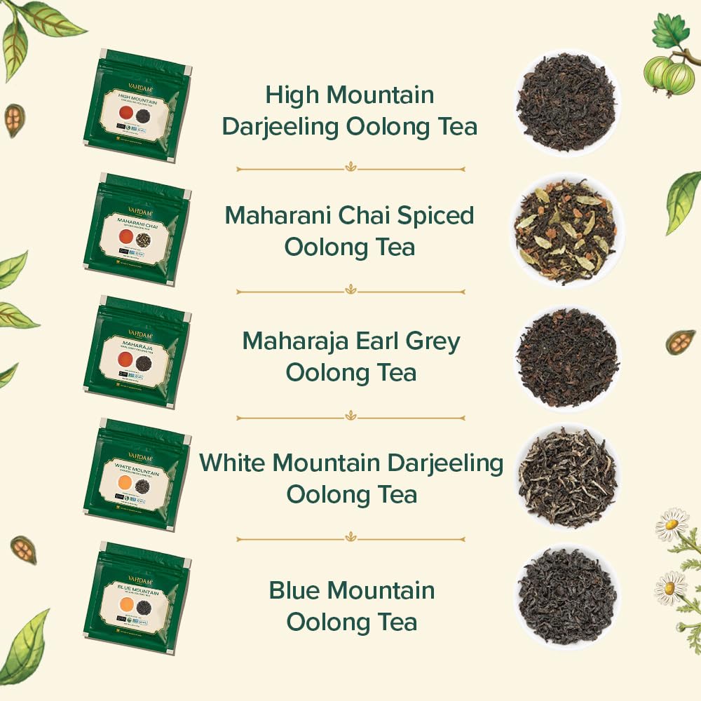 VAHDAM, Assorted Oolong Tea Sampler Gift Set (5 Teas Flavors, 25 Servings) Gluten Free, Non GMO - 5 Unblended Loose Leaf Tea Sam