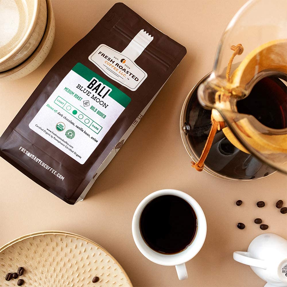 Fresh Roasted Coffee, Organic Bali Blue Moon, 12 Oz, Medium Roast, Kosher Rfa, Whole Bean
