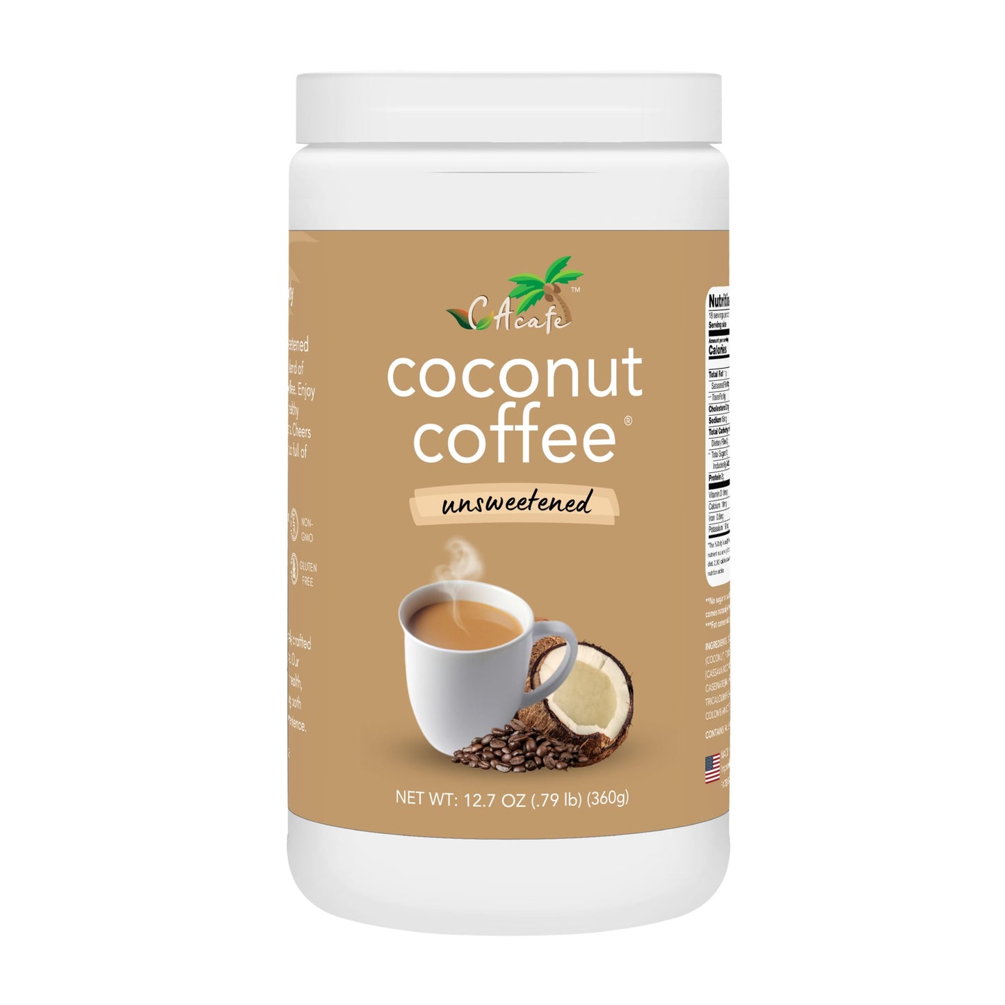 CAcafe Coconut Coffee Unsweetened, Coconut Infused, 12.7oz Drink Mix, No Added Sugar, Antioxidants, Natural Energy