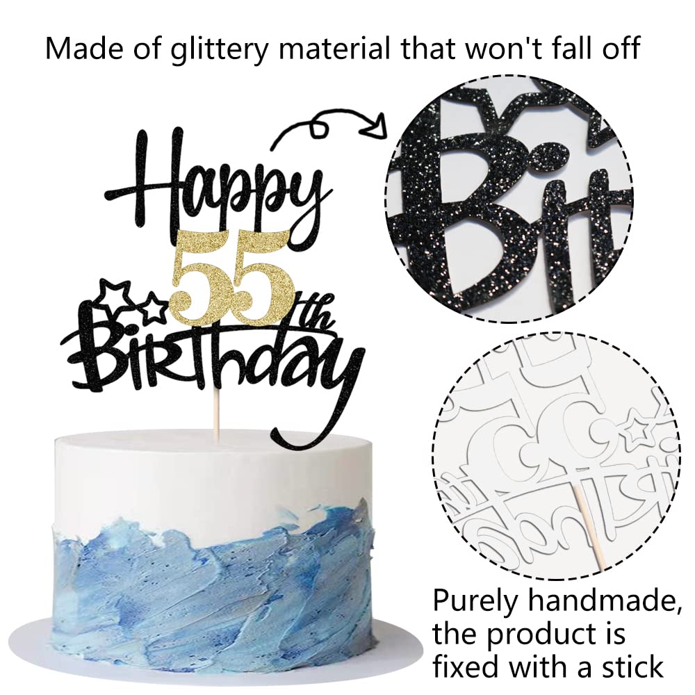Kaoenla Black Gold Glitter Happy 55Th Birthday Cake Topper - Hello 55/Cheers 55,Happy Fifty-Five Birthday Anniversary,55 Years O