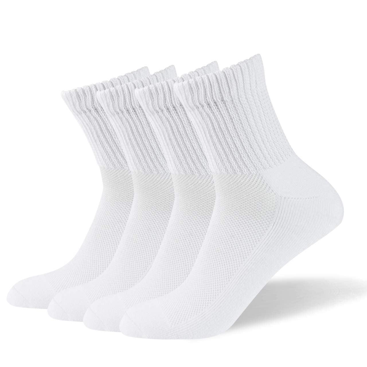 Well Knitting Diabetic Socks For Men & Women Non-Binding Top Crew Socks Quarter Socks 4 Pairs (White, Xl)