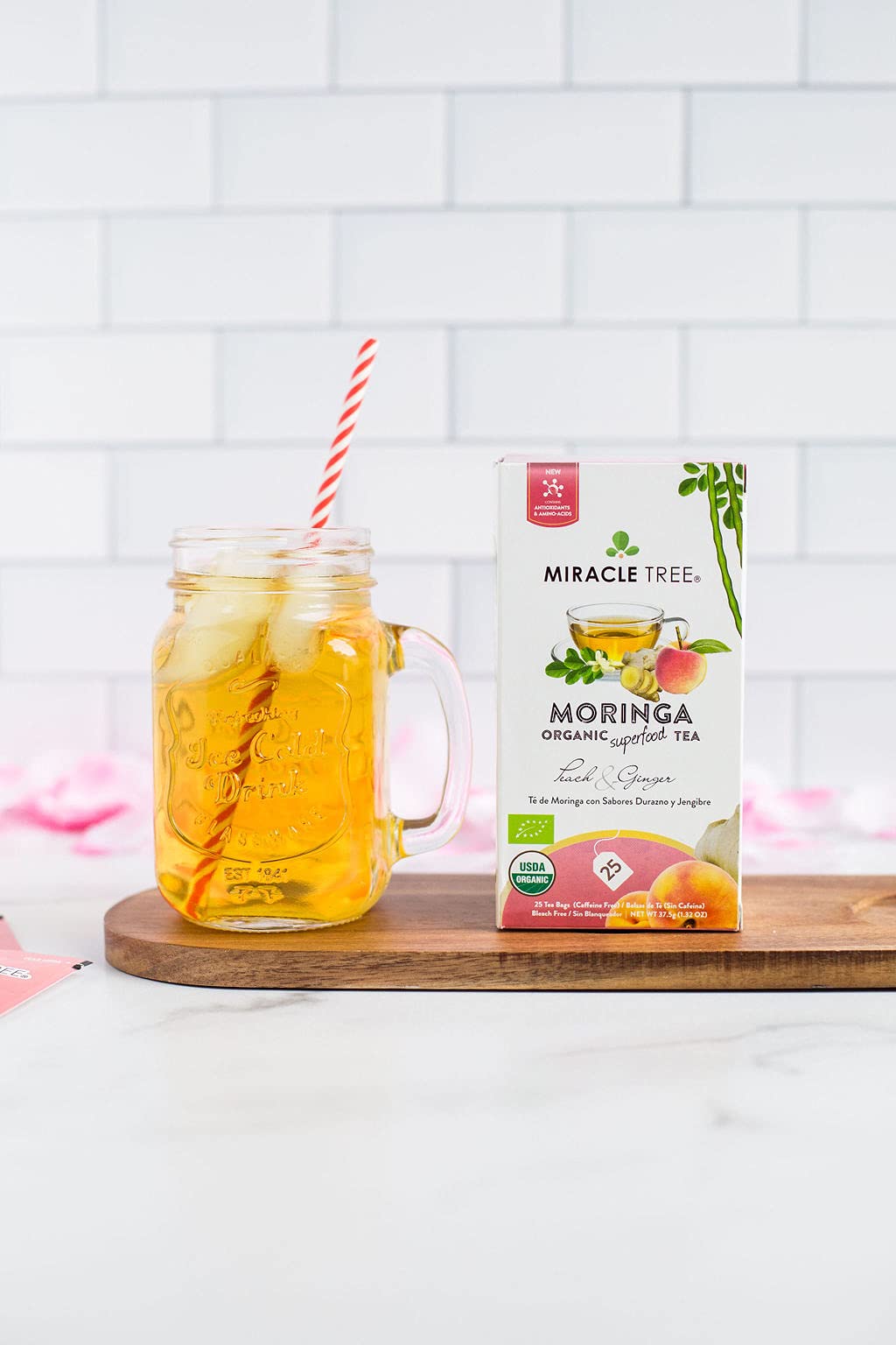 Tree Organic Moringa Tea, Peach & Ginger, 25 Individually Sealed Bags, Vegan, Gluten-Free, Caffeine-Free