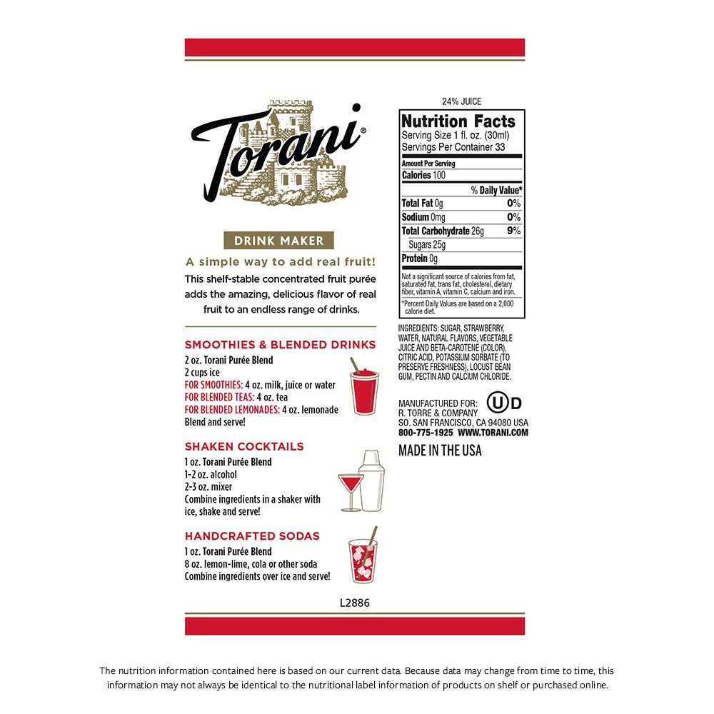 Torani Puree Blend, Strawberry, 33.8 Ounce