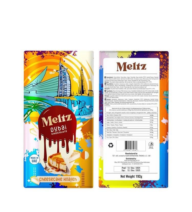 Meltz Pistachio Chocolate Cheesecake Bar 192g - Milk Chocolate, Crispy Kataifi, Individually Wrapped, Luxury Dubai Treat