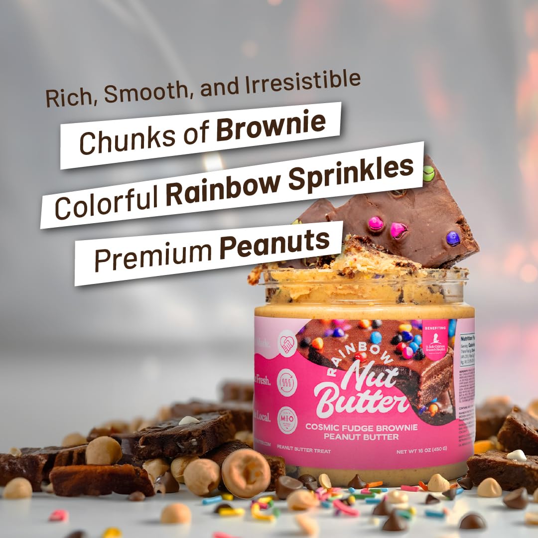 Rainbow Nut Butter Cosmic Fudge Brownie Peanut Butter Treat Chocolate, With Rich Chunks Of Brownie, Rainbow Sprinkles, And Velve