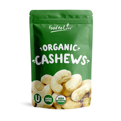 Food to Live Organic Dry Roasted Whole Cashews, 1 Pound Non-GMO, Unsalted, Oven Roasted Nuts, No Oil Added, Kosher, Vegan, Bulk.