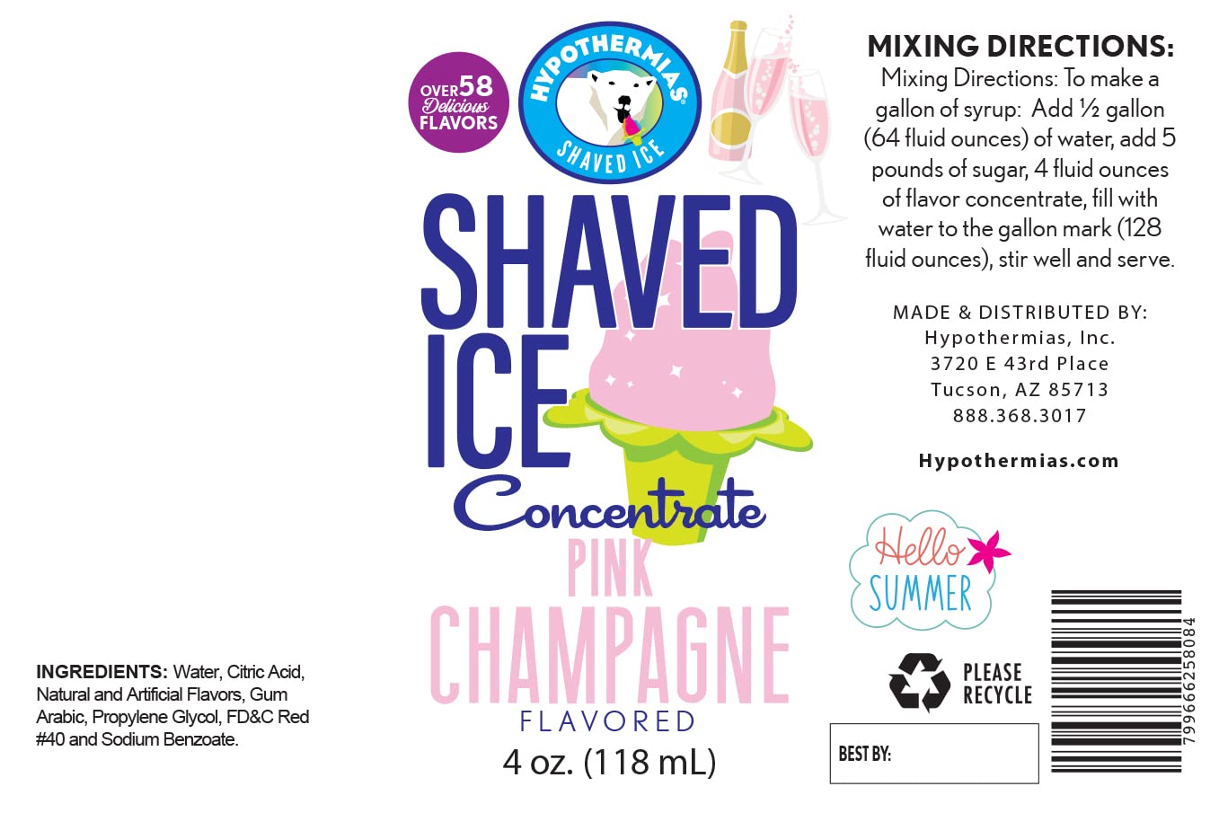 Hypothermias Shaved Ice Syrup Concentrate - Pink Champagne - 4 Fl Oz - Makes 1 Gallon - Unsweetened, Add Water and Sweetener