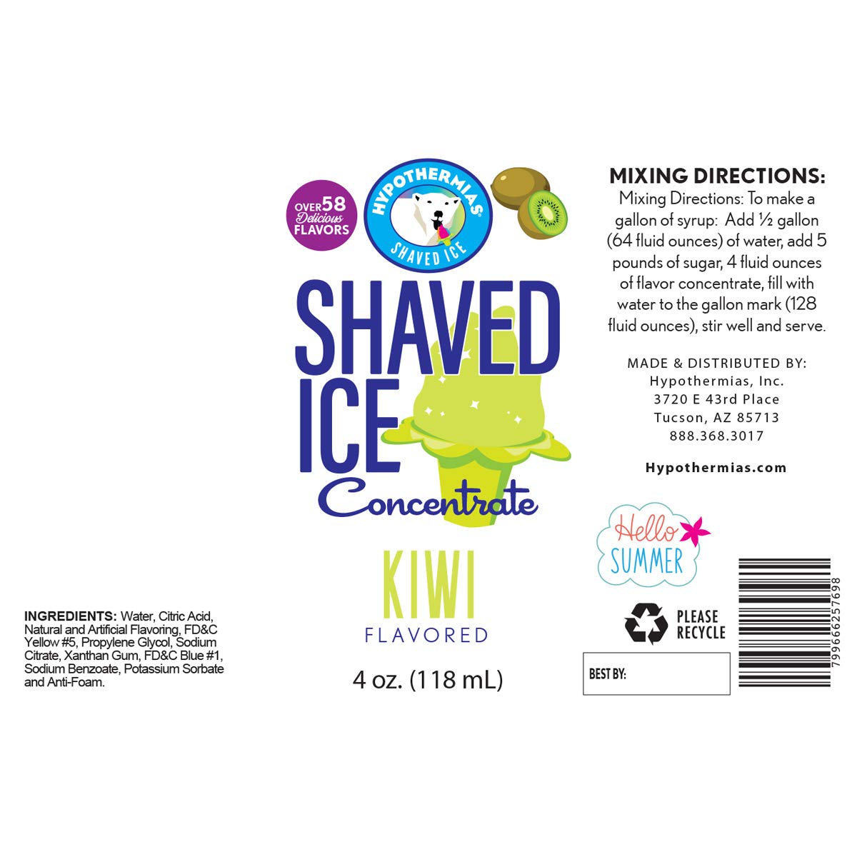 Hypothermias Shaved Ice And Snow Cone Syrup Unsweetened Flavor Concentrate - 4 Fl Oz - Makes 1 Gallon Of Ready To Use Syrup - Ki